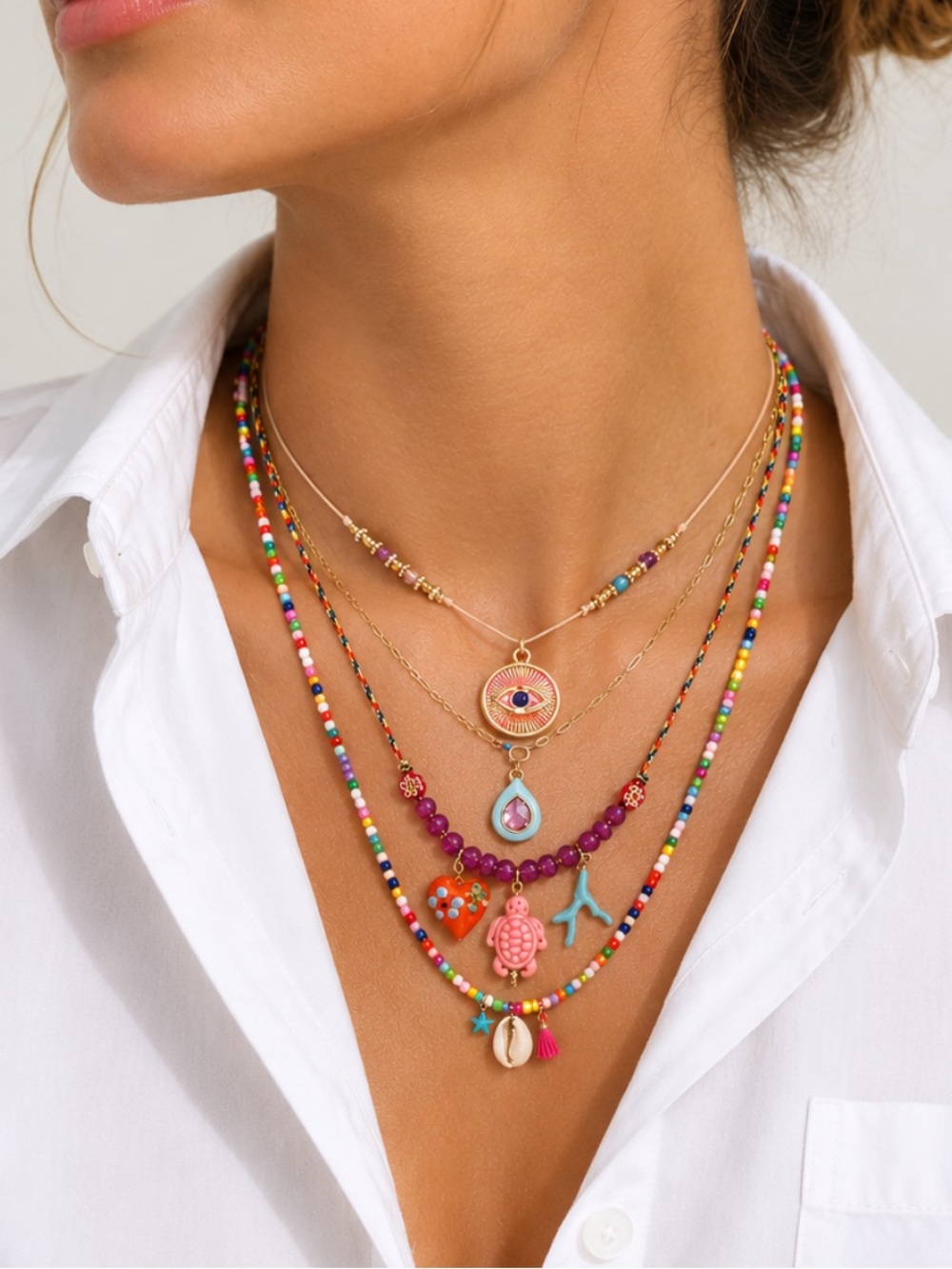 New! Coastal Colorful Evil Eye Necklace Dopamine Stack Set NWOT 5053 - Picture 1 of 2